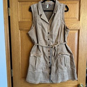 Anthropologie Pilcro Utility Dress Khaki Button Front Belted Sleeveless Cotton